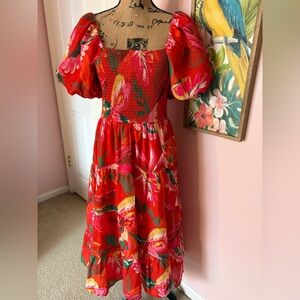 NWOT - Red Floral Puff-Sleeve Midi Dress